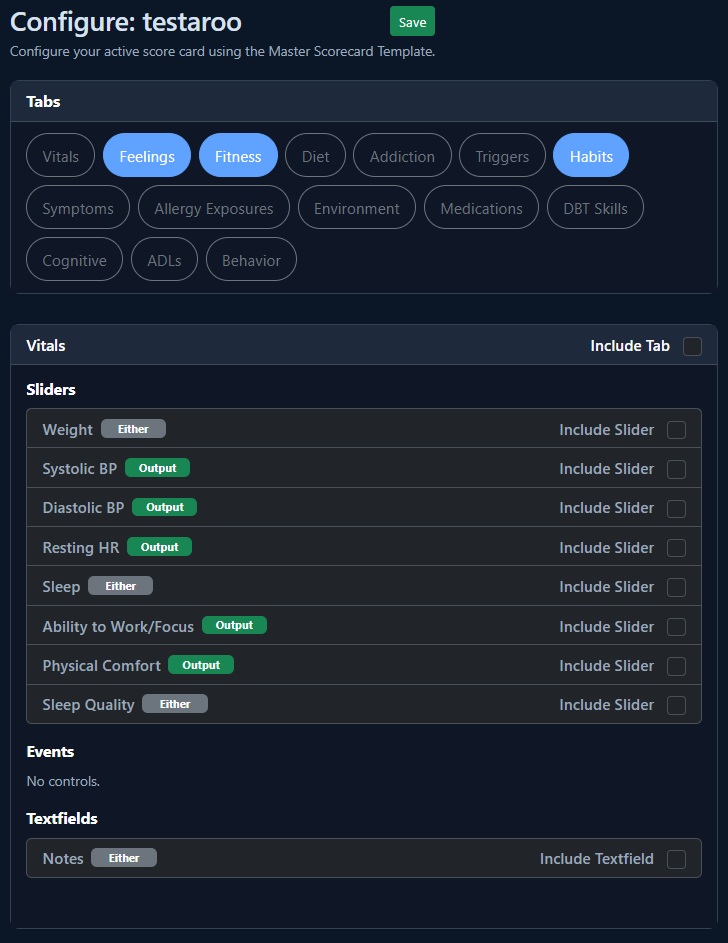 LifeTrends scorecard configuration screenshot